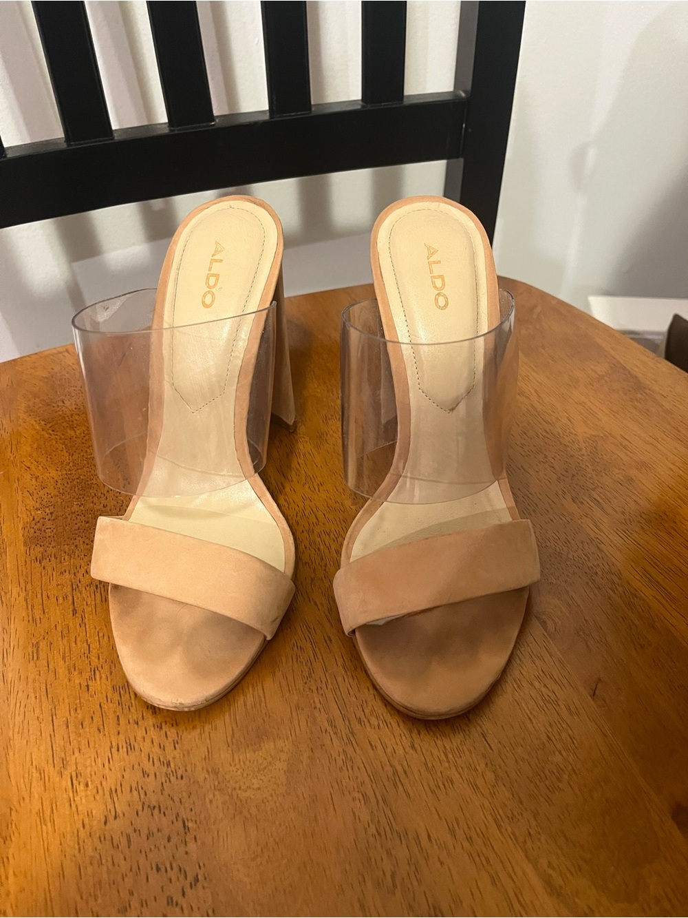 Aldo Nude Tan Suede & Clear Strap Block Heel Mules